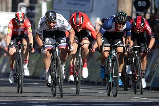 Peter Sagan (Bora-Hansgrohe) manages to get the better of Travis McCabe (USA National Team) to win stage 1 of the 2019 Tour of California in Sacramento