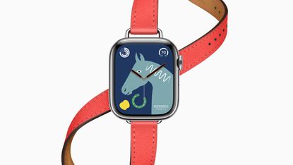The Apple Watch Hermes Edition, with a horse watch face and a red leather band