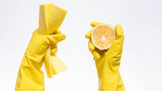 Holding lemon wearing marigold gloves