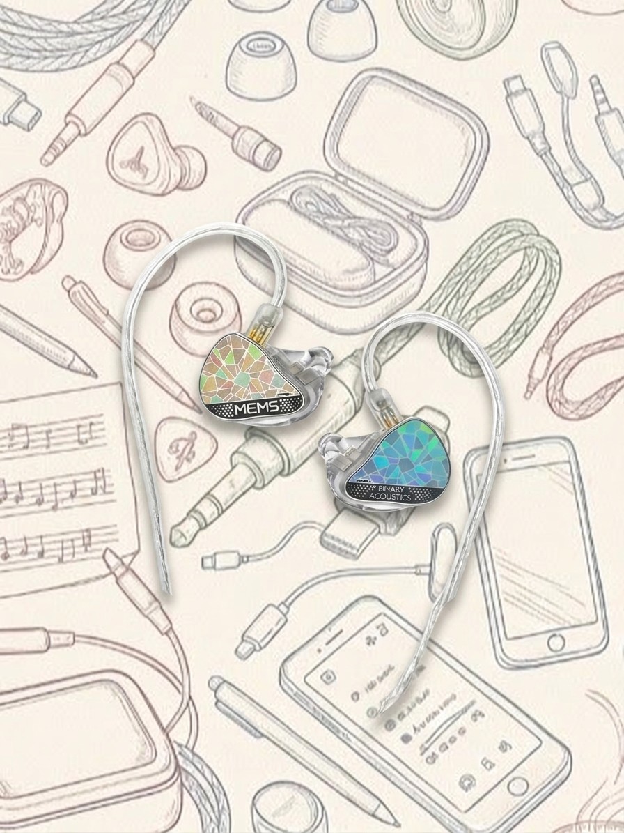 A selection of in-ear monitors on an AI-generated, illustrative background.