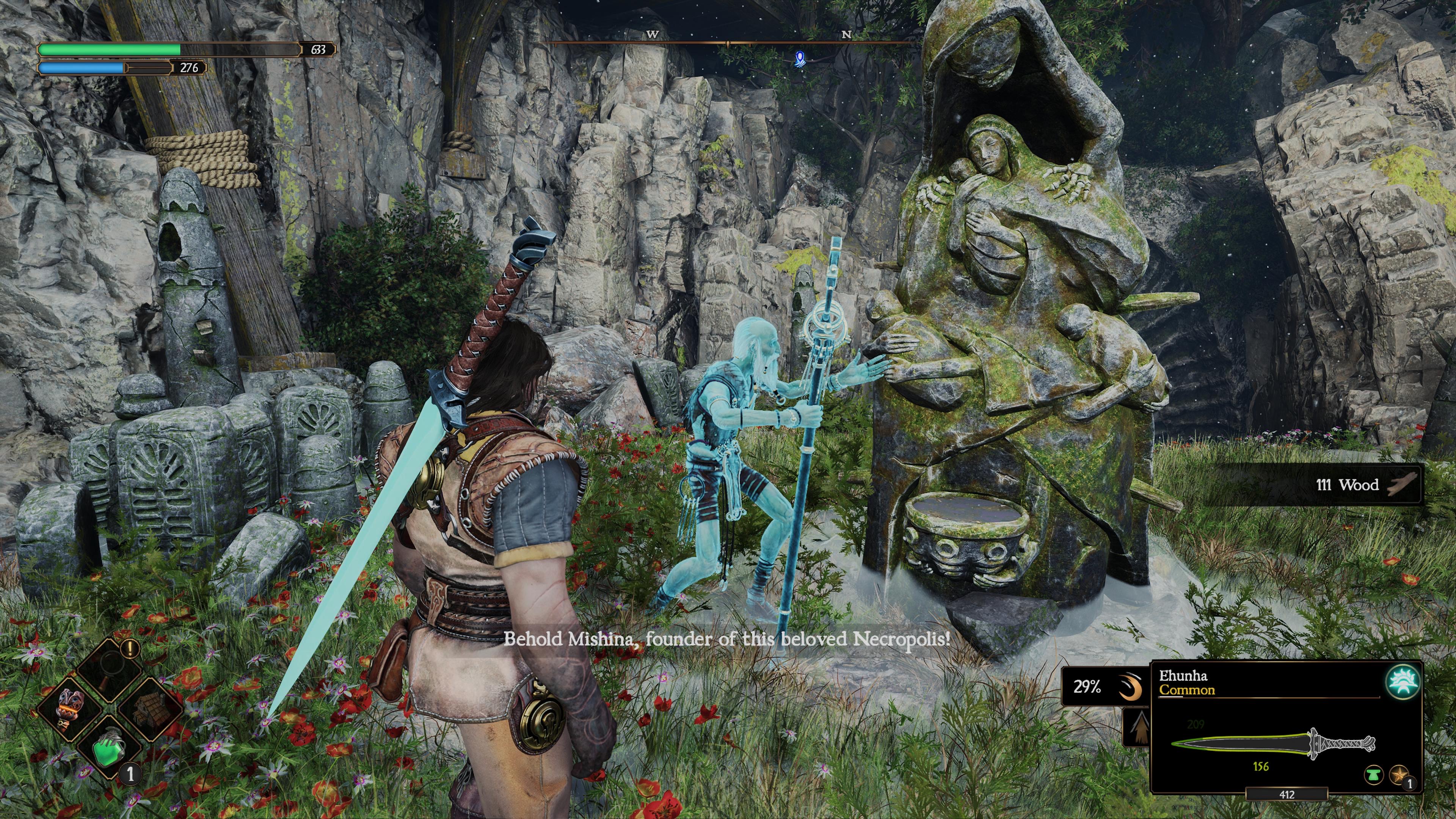 A ghostly spirit gestures at a ritualistic statue in Blades of Fire saying "Behold Mishina, founder of this beloved Necropolis" as Aran looks on