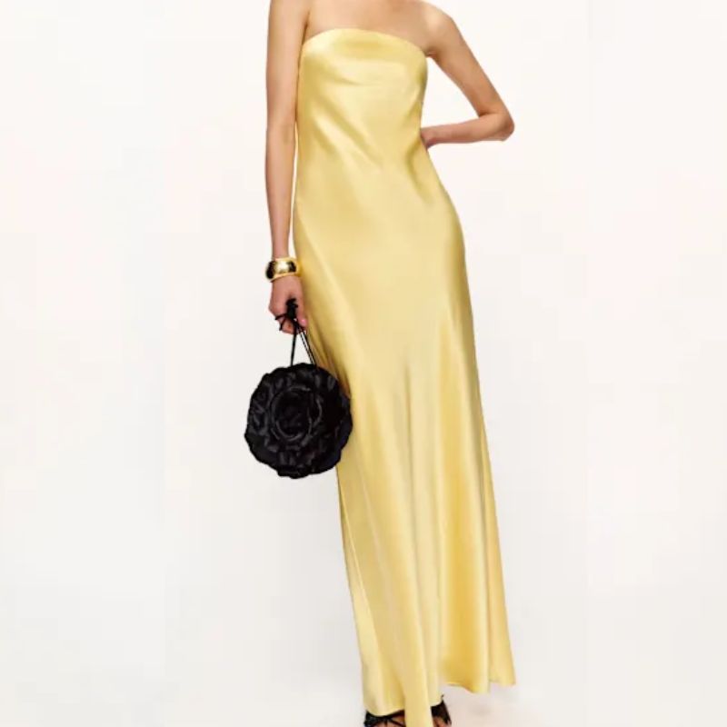 yellow strapless gown