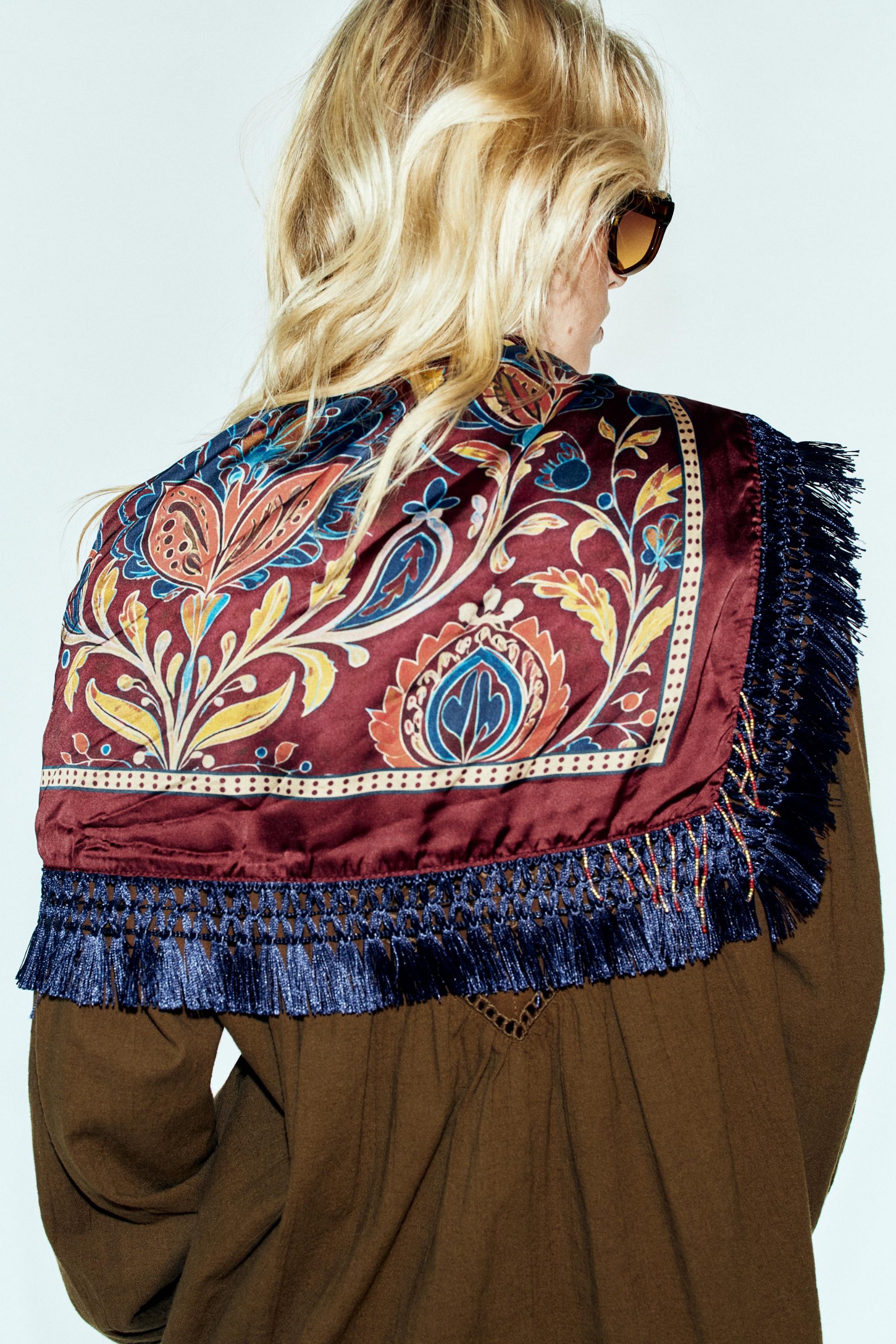 Printed Floral Scarf With Beaded Fringe - Maroon - M