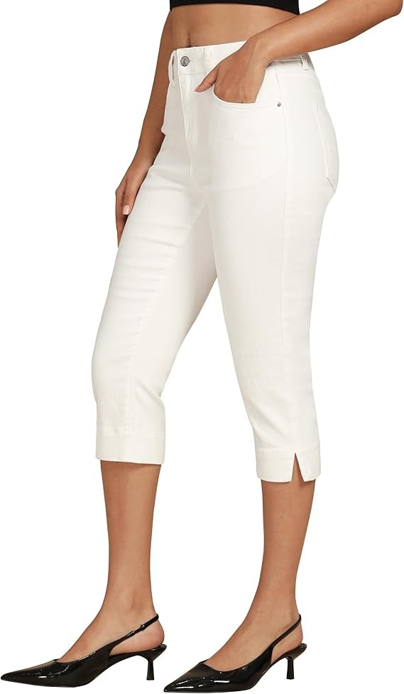 luvamia, Luvamia Jeans Woman Summer Capris for Women Casual Crop Womens Stretch High Waisted White Capri Jeans for Women Cream White Medium Fits Size 8 / Size 10