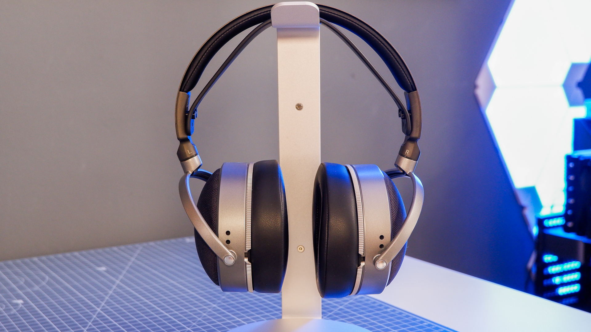Audeze LCD-S20 gaming headset on a desk with the planar magnetic drivers on show.