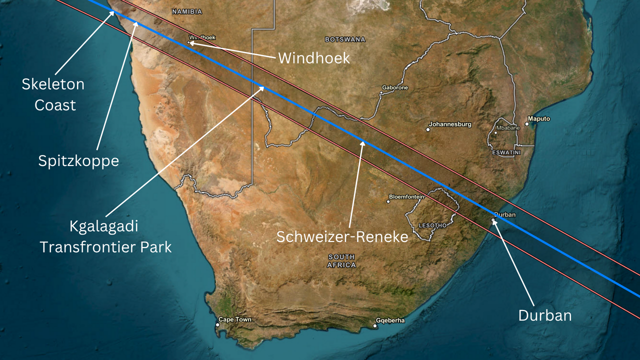 A series of maps showing the southern tip of Africa and Australia with various labels indicating parks all placed along a transparent dark line representing the path of the sun for the 2030 total solar eclipse.