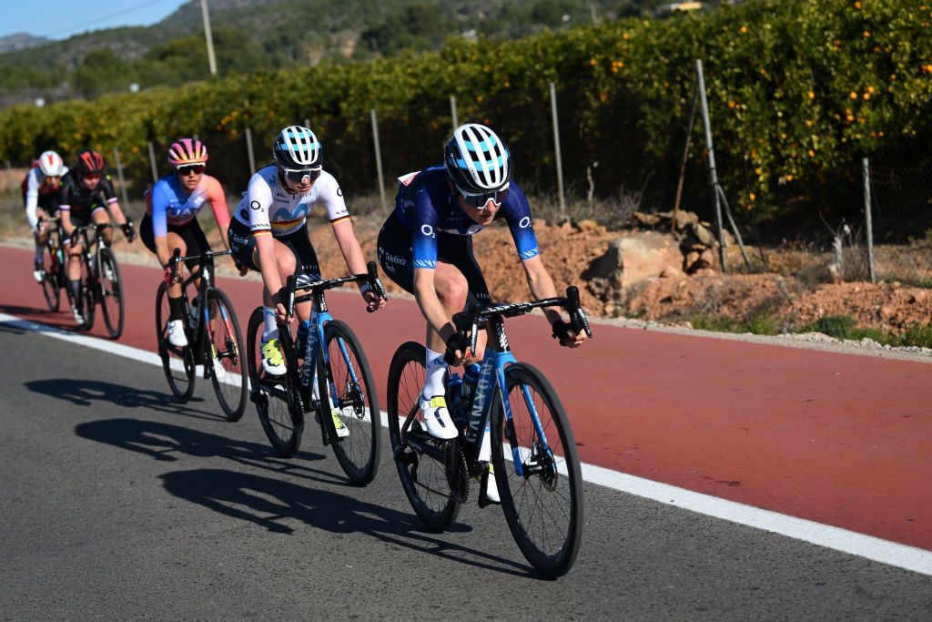 VALENCIA SPAIN FEBRUARY 05 Floortje Mackaij of The Netherlands and Movistar Team leads the breakaway during the 5th VCV Fminas GP 2023 a 93km one day race from Paterna to Valencia on February 05 2023 in Valencia Spain Photo by Dario BelingheriGetty Images