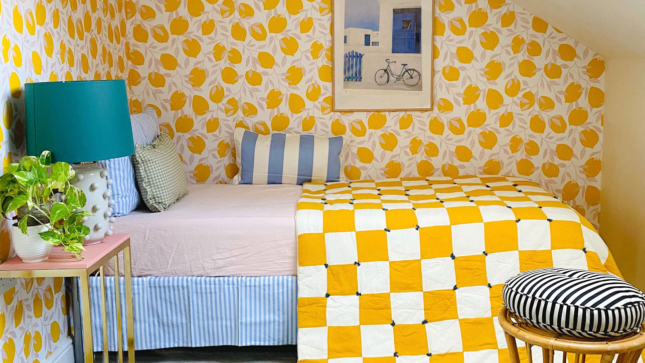 patterned bedroom with yellow adhesive vinyl wallpaper
