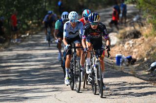 PICO VILLUERCAS SPAIN AUGUST 20 LR Enric Mas of Spain and Team Movistar and Primoz Roglic of Slovenia and Team Red Bull Bora hansgrohe compete in the breakaway during the La Vuelta 79th Tour of Spain 2024 Stage 4 a 1705km stage from Plasencia to Pico Villuercas 1544m UCIWT on August 20 2024 in Pico Villuercas Spain Photo by Tim de WaeleGetty Images