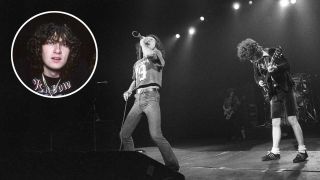 AC/DC onstage with an inset of Joe Elliott