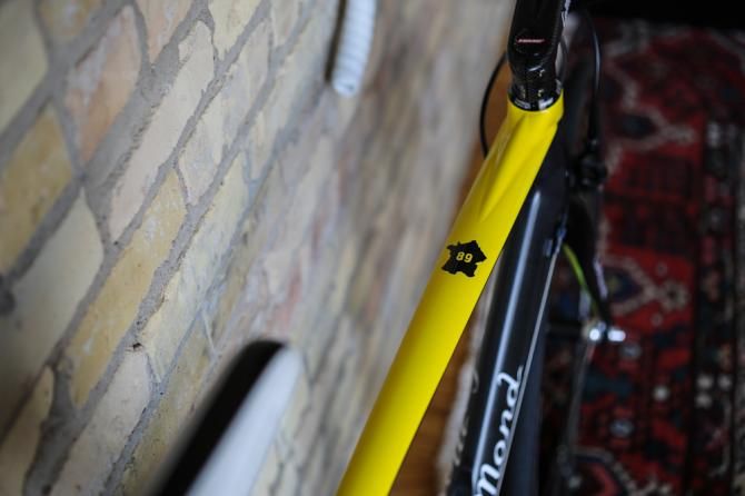 A detail on the top tube of the new LeMond TdF89 model bike, built by Time. 1989 was of course the year that LeMond famously beat Laurent Fignon by a scant eight seconds for overall victory.