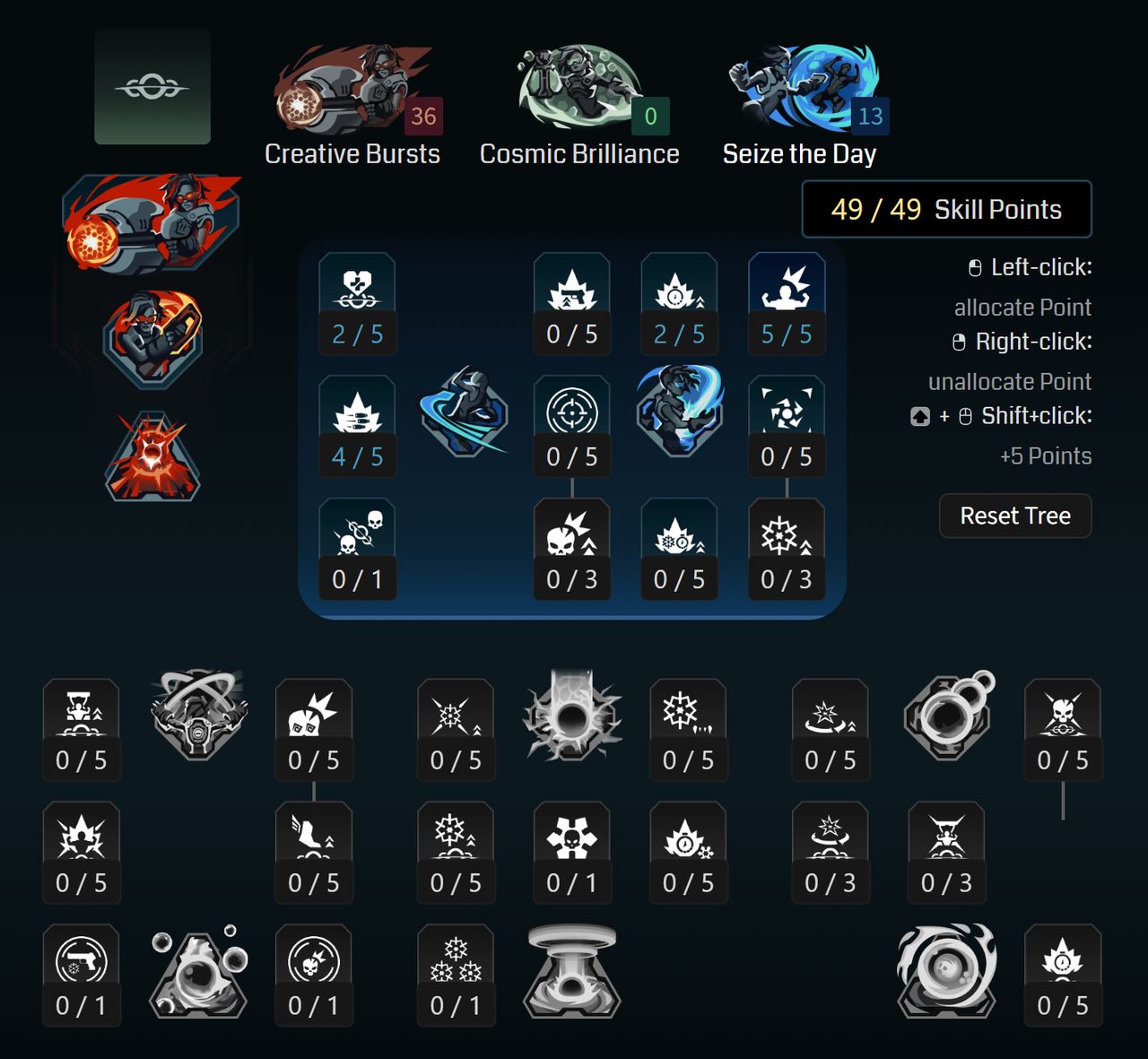Borderlands 4 Harlowe levelling build: A screenshot of Harlowe's Seize the Day tree for her levelling build from Maxroll's builder.