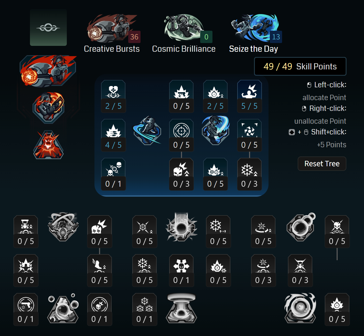 Borderlands 4 Harlowe levelling build: A screenshot of Harlowe's Seize the Day tree for her levelling build from Maxroll's builder.