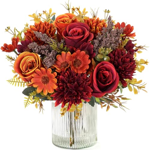Dremisland Artificial Fall Flowers Like Real Artificial Bouquet 2 Packs Silk Artificial Roses Bouquet With Daisy Chrysanthemum Orange Red Fall Flowers for Centerpiece Table Wedding Autumn Decor