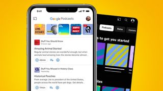 Two phones on an orange background showing the Google Podcasts app