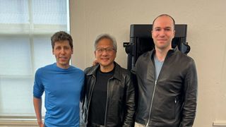 A photo from the Twitter account of Greg Brockman, showing Sam Altman, Jensen Huang and Greg Brockman standing in front of the first of Nvidia's DGX H200 AI GPUs. 