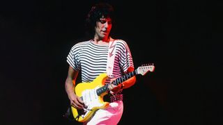 Jeff Beck performs on stage at Karuizawa Prince Hotel Open Air, Nagano, Japan, 1986. He is playing a Fender Stratocaster guitar.