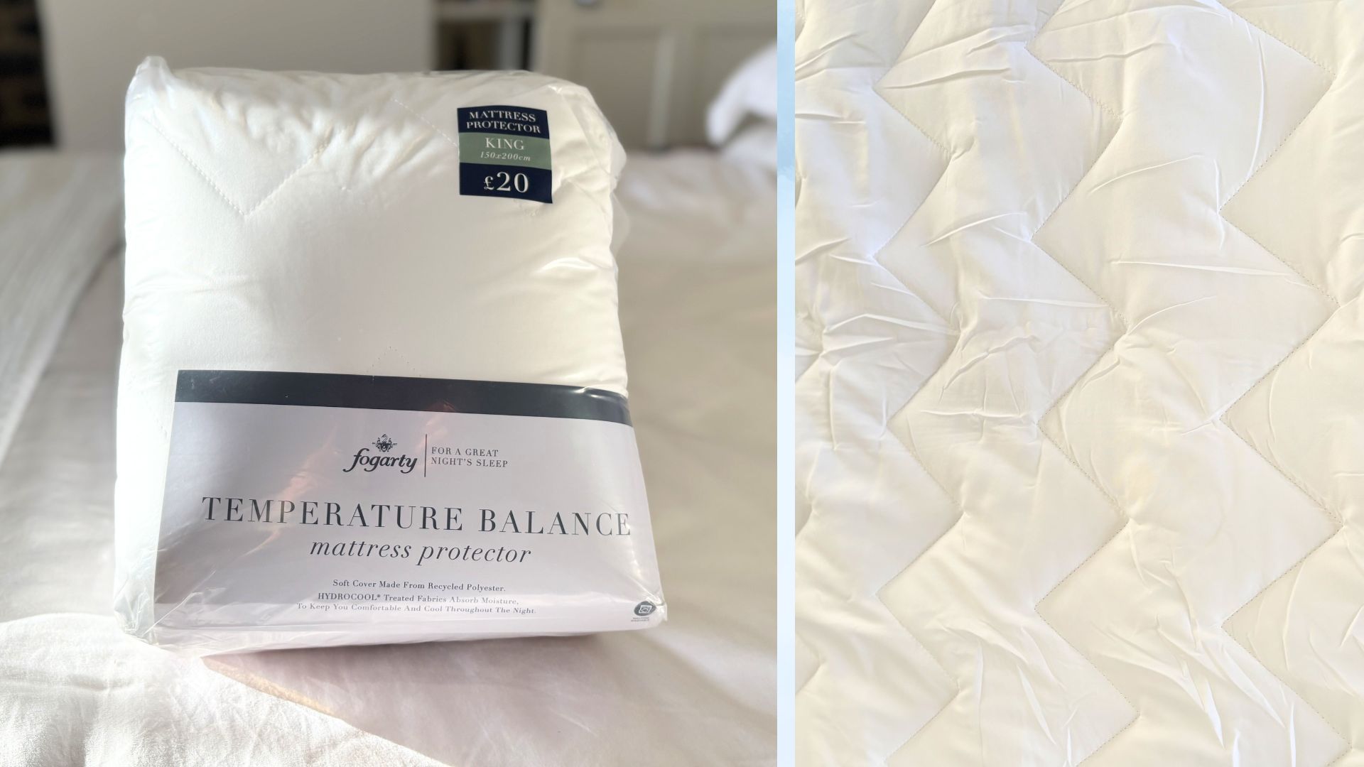 Two images of the Fogarty Temperature Balance Mattress Protector - one of the packagaing and one of the texture on the bed