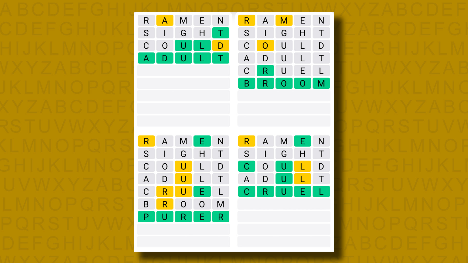 Quordle answers for game 1295 on a yellow background