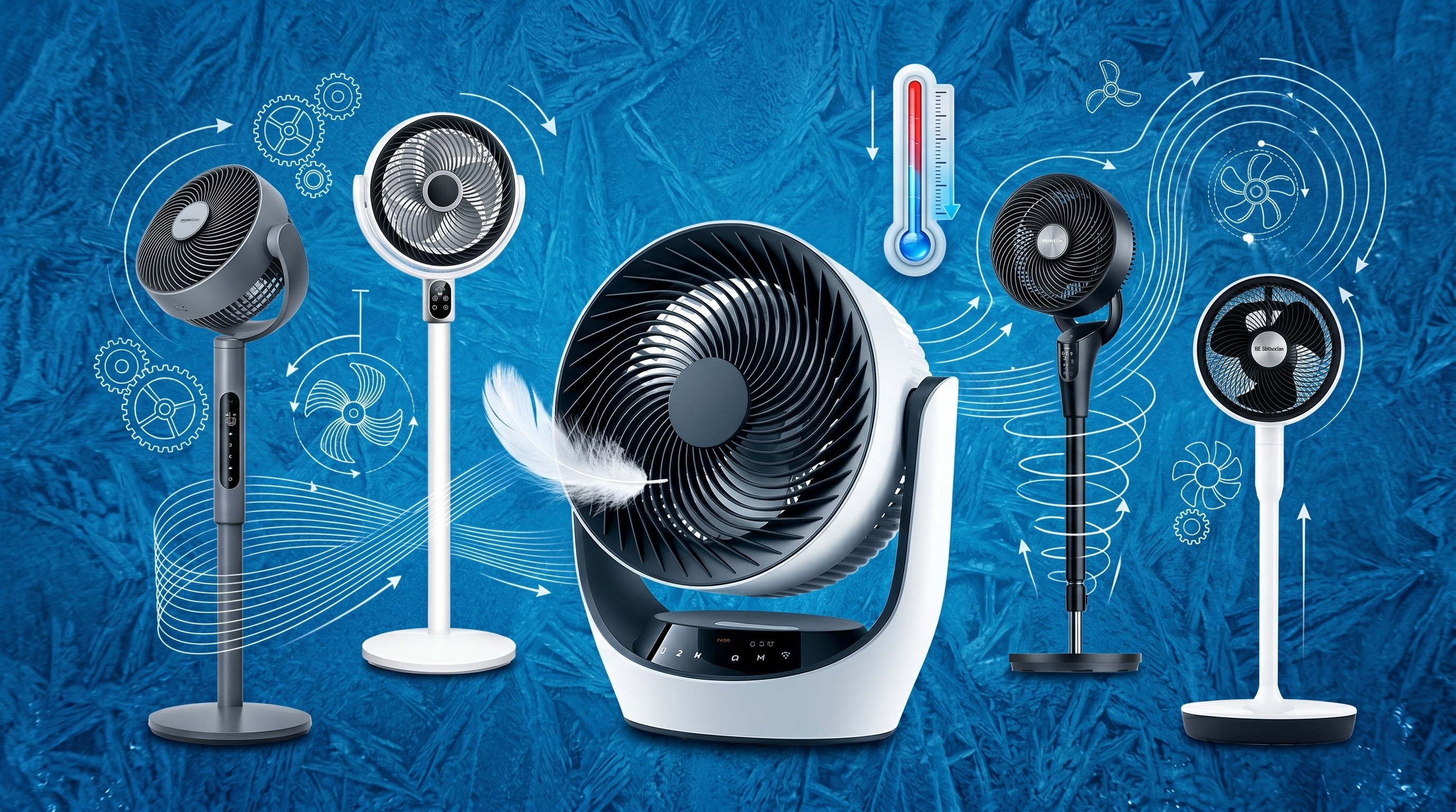 Three standing fans and one desk fan on a blue background with a feather and thermometer