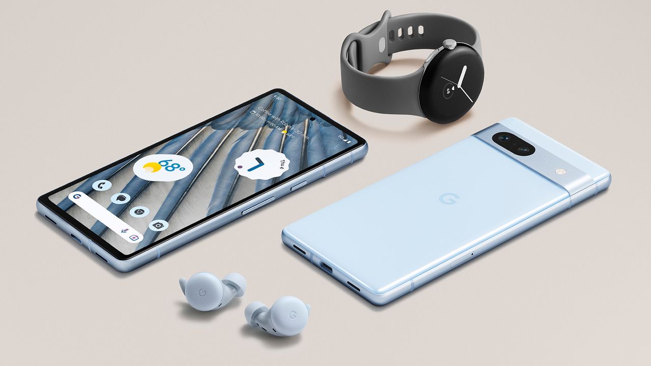 An official render of the Google Pixel 7a with the Pixel Watch and Pixel Buds
