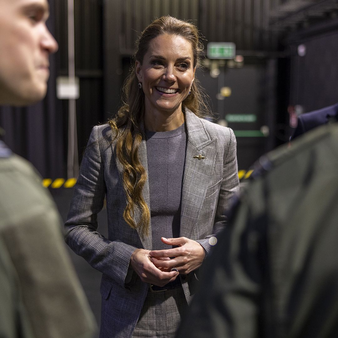 CONINGSBY, ENGLAND - OCTOBER 2: Catherine, Princess of Wales, Royal Honorary Air Commodore, meets Quick Reaction Alert personnel based at RAF Coningsby in Lincolnshire during her first official engagement at the station, on October 2, 2025 in Coningsby, England. During the visit, Her Royal Highness learned about the station&#039;s operational role, met Quick Reaction Alert personnel, viewed a Typhoon aircraft, and toured the new Typhoon Future Synthetic Training facility, and also met families of personnel serving at the base. (Photo by James Glossop - WPA Pool/Getty Images)