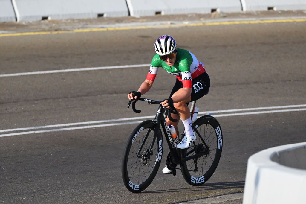 JEBEL HAFEET UNITED ARAB EMIRATES FEBRUARY 08 Elisa Longo Borghini of Italy and UAE Team ADQ attacks in the breakaway during the 3rd UAE Tour Women Stage 3 a 152km stage from Al Ain Qasr Al Muwaiji to Jebel Hafeet 1031m UCIWWT on February 08 2025 in Jebel Hafeet United Arab Emirates Photo by Tim de WaeleGetty Images