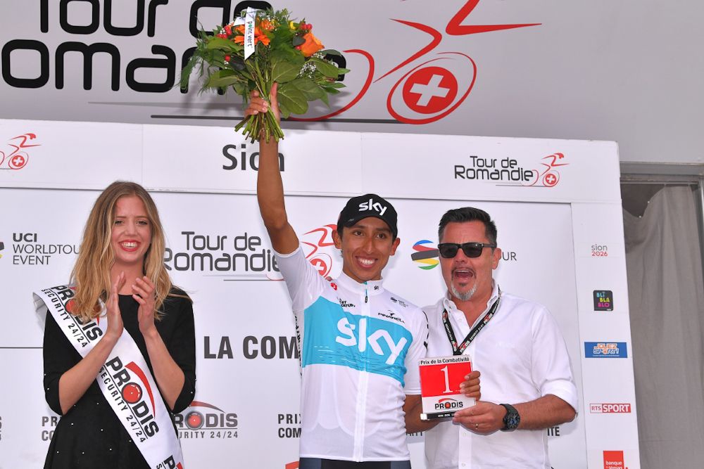 Bernal in white after stage 4 in Romandie