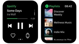 Spotify interface on two Apple Watches