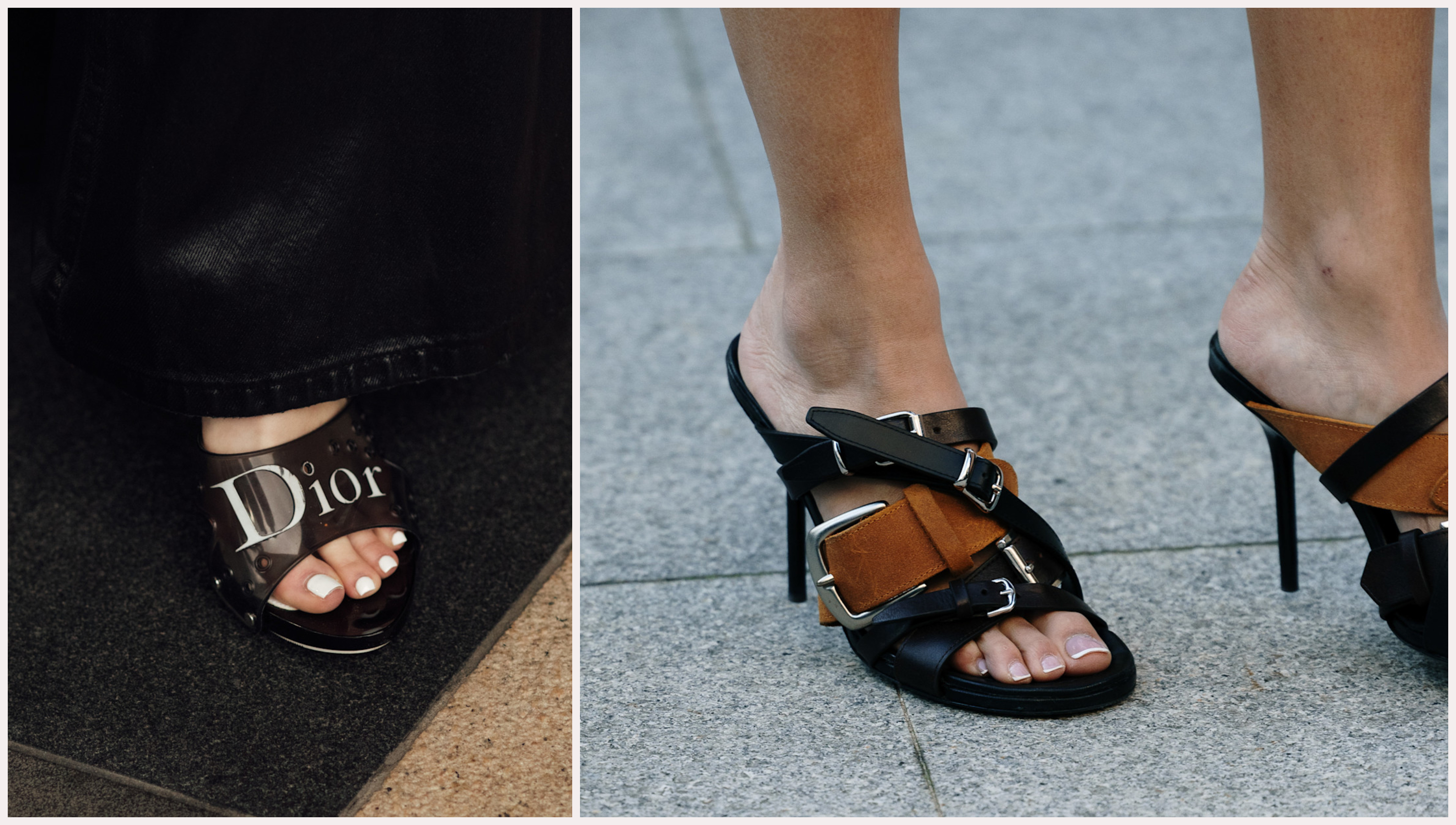 two images featuring dior heels with a white pedicure color and black jeans on a black carpet next to a belt-style heels with brown and black leather on a sidewalk with a french pedicure