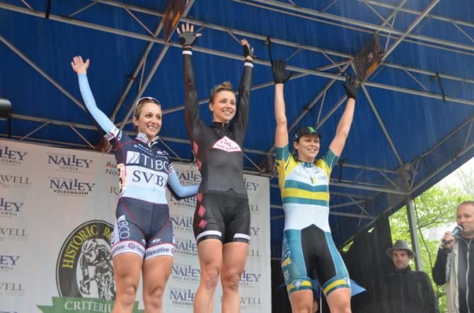 Roswell women's podium (L-R): Samantha Schneider (Team TIBCO), Erica Allar (CARE4CYCLING p/b Solomon Corp) and Kimberley Wells (Fearless Femme p/b Pure Energy)
