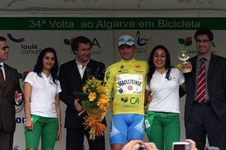 Robert Förster in yellow after taking a convincing sprint win.