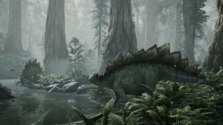 Stegasauruses walking near a river in wilderness in The Lost Wild video game