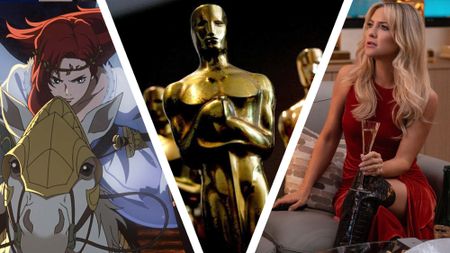 A collage image of a woman riding on a horse, some Academy Award statues, and Kate Hudson sitting down