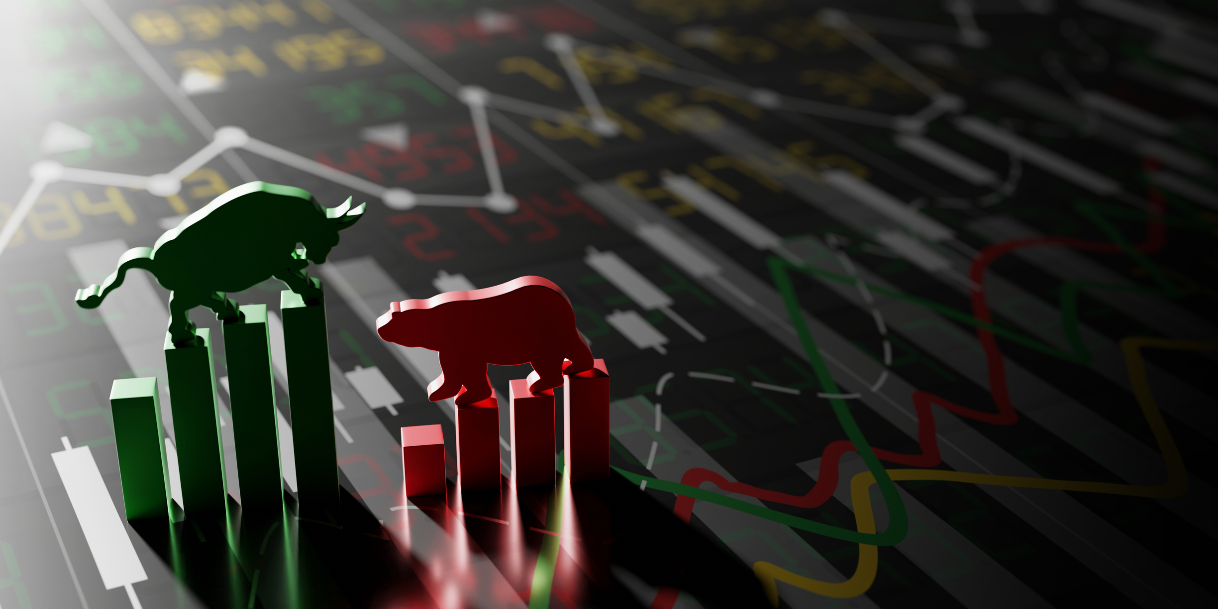 green stock bull vs red stock bear candlesticks chart lines mixed together
