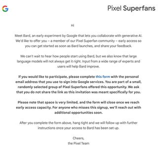 An invitation some Pixel Superfans may receive for early access to Google's AI Bard.