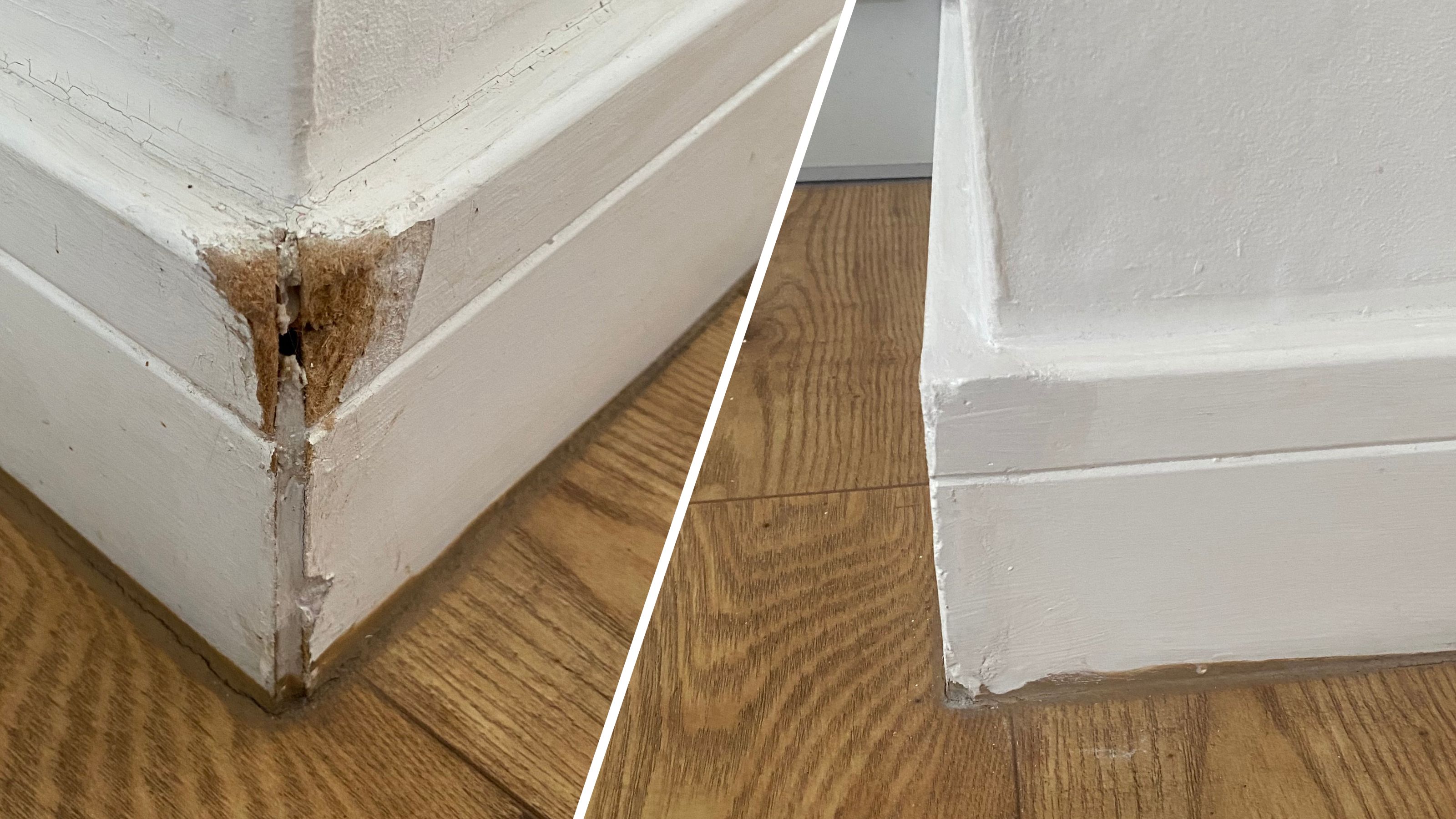 Split image showing before and after of fixing chewed skirting board