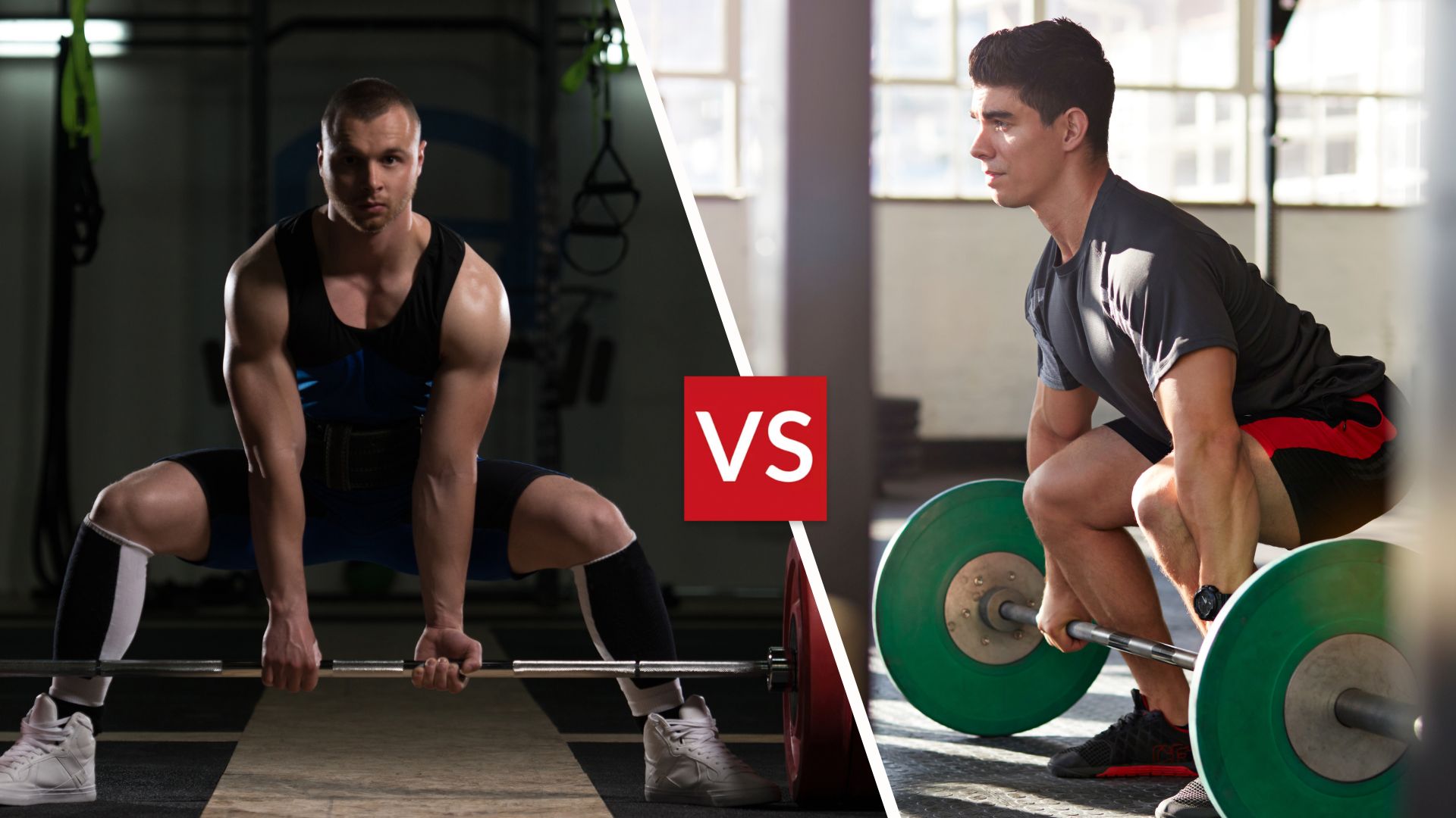 A man performing a sumo deadlift and a man performing a conventional deadlift