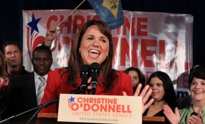 Tea Party candidate Christine O'Donnell gives a victory speech to her supporters after beating GOP favorite Mike Castle. 