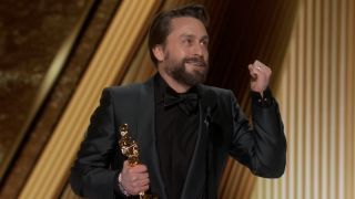 Kieran Culkin celebrating Oscar 2025 win