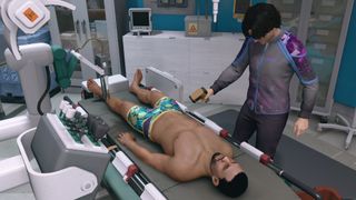 Man in bathing suit having his groin scanned by a medical professional in the future