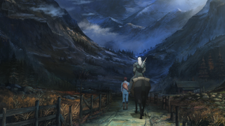 Geralt rides off into the mountains with Jaskier walking alongside in "The Witcher: Sirens of the Deep".