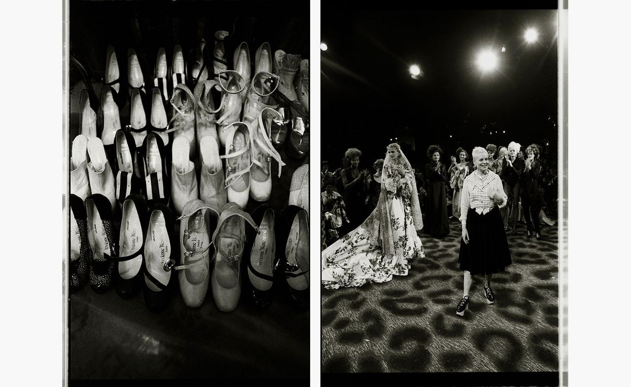 Black and white photos of lots of pairs of ladies high healed shoes and Vivienne Westwood standing with a lot of models