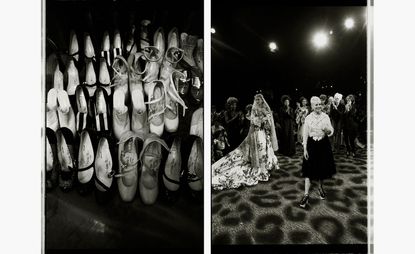Black and white photos of lots of pairs of ladies high healed shoes and Vivienne Westwood standing with a lot of models
