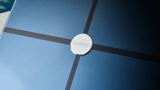 a closeup picture of a circular logo reading qardio rests upon a light surface with a blue background