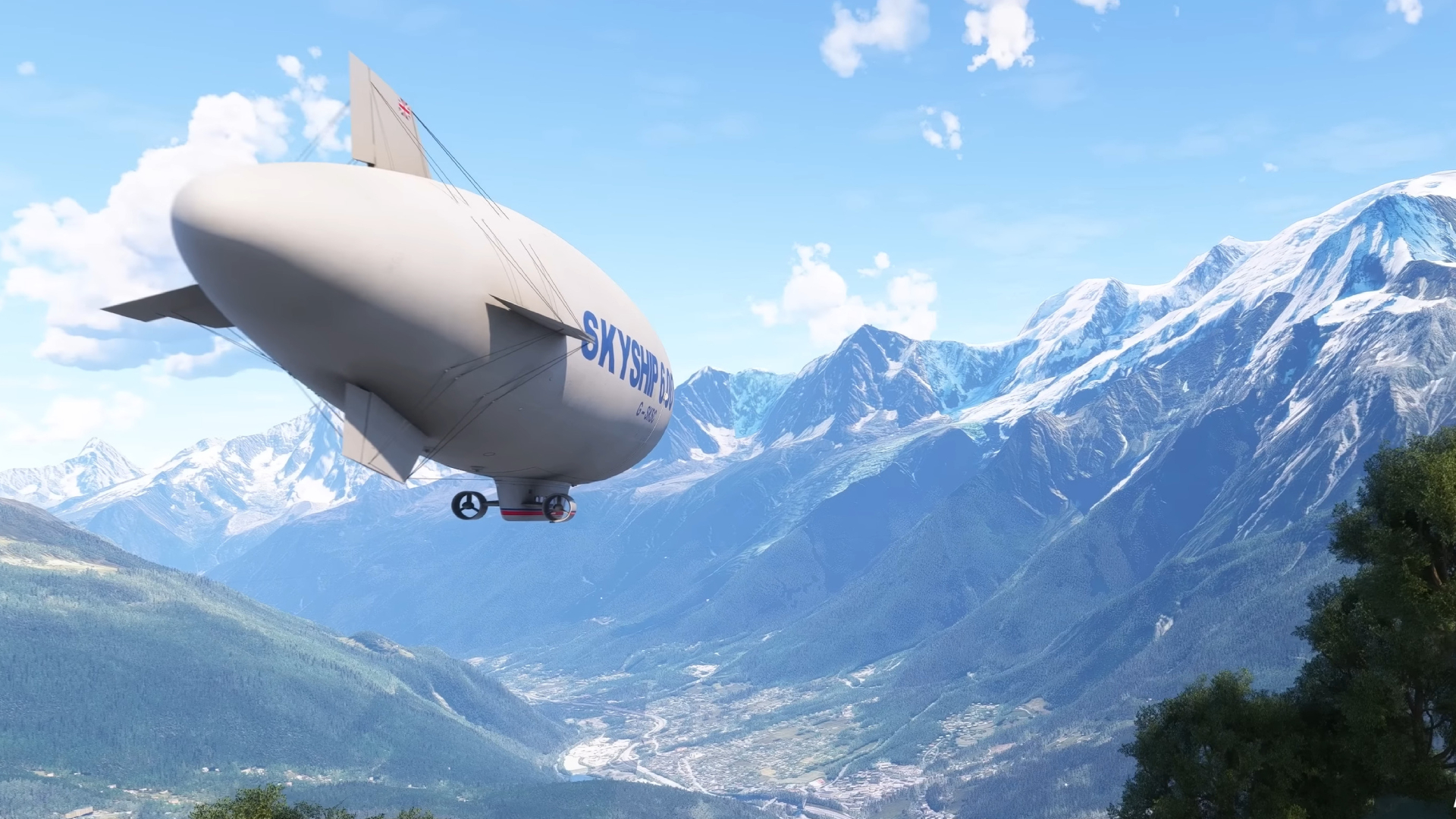 A blimp, flying next to the mountains in Microsoft Flight Simulator 2024