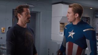 Chris Evans as Steve Rodgers and Robert Downey Jr.as Tony Stark in The Avengers (2012) 