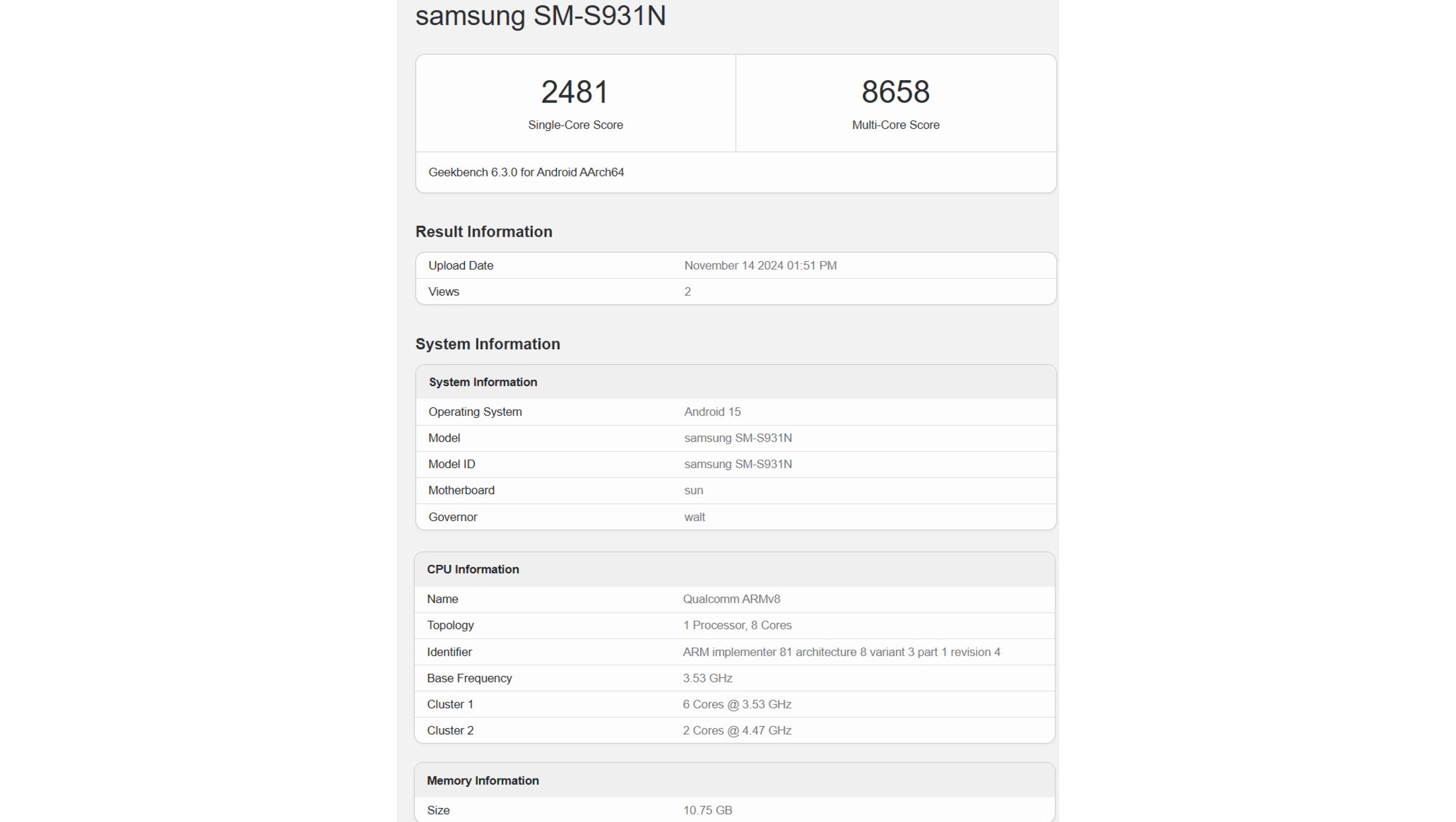 A Geekbench listing for the Samsung Galaxy S25