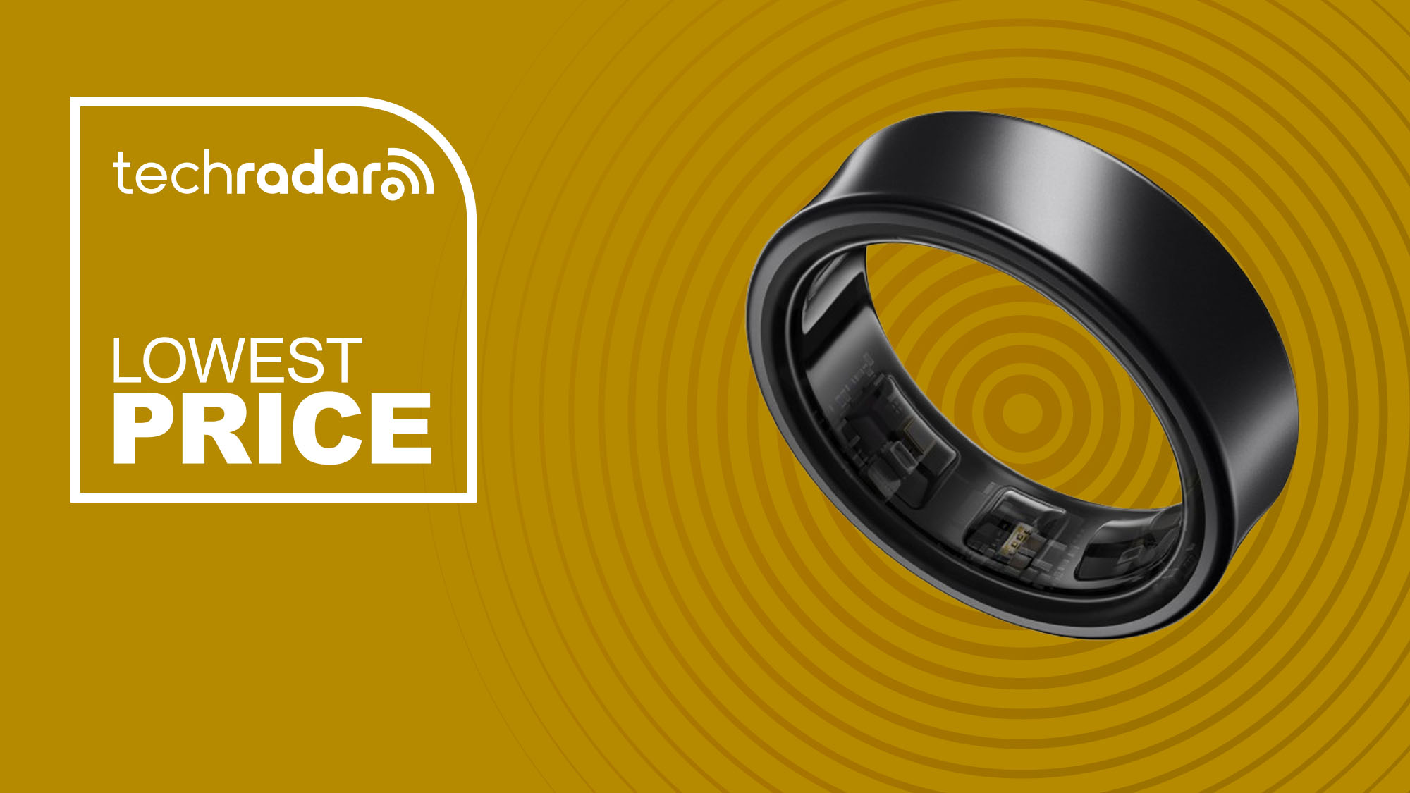 The Samsung Galaxy Ring on a yellow background with text saying Lowest Price.