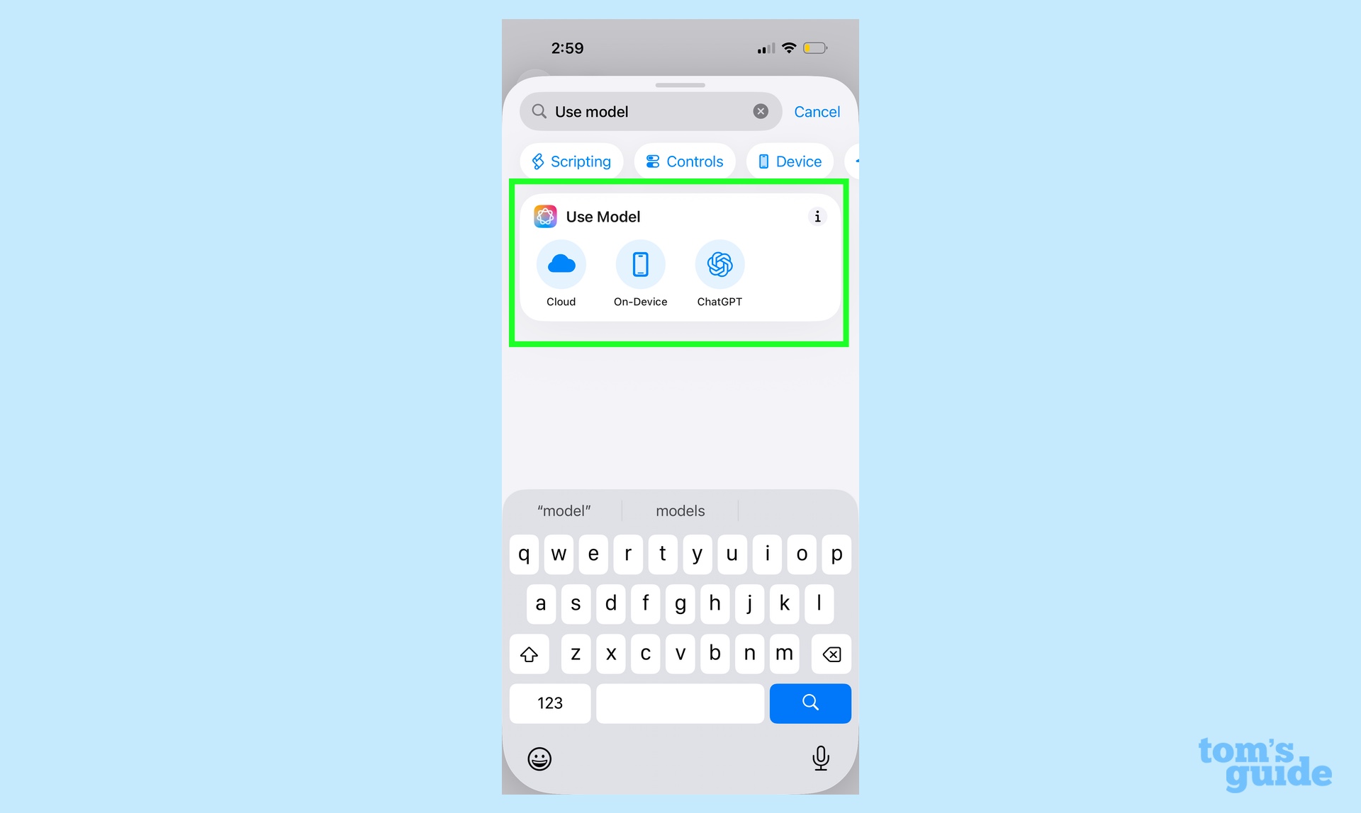 adding the use model action to a shortcut in iOS 26